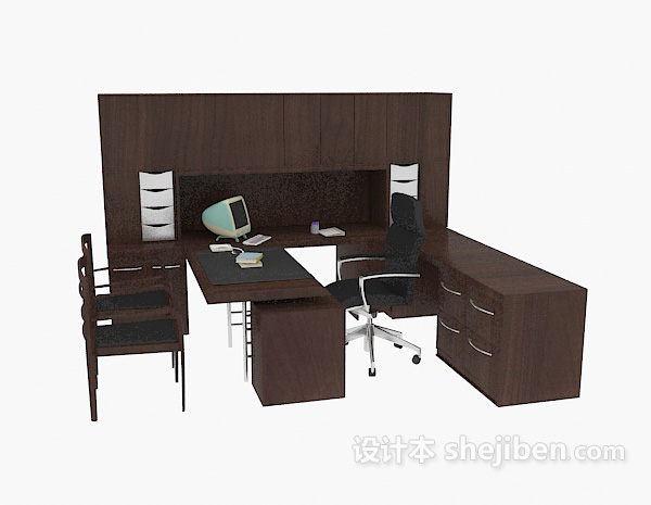免费办公室实木桌椅组合3d模型下载