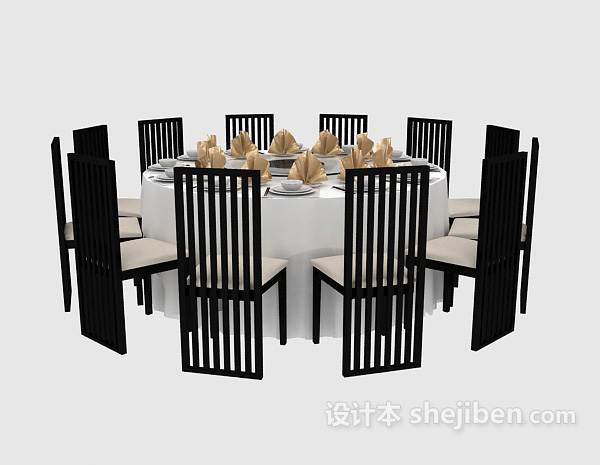 中式黑色餐桌餐椅3d模型下载