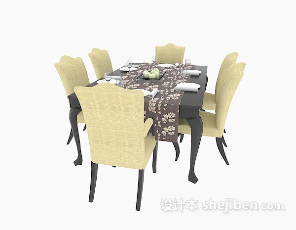 地中海风格家居实木餐桌椅组合3d模型下载