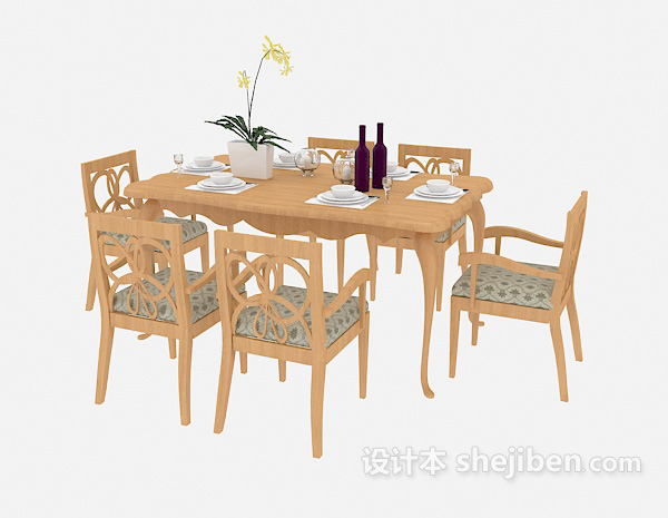 免费实木家居餐桌椅组合3d模型下载