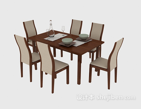 免费现代家庭实木餐桌餐椅3d模型下载
