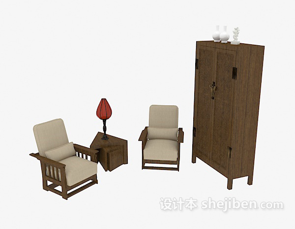 中式沙发、衣柜组合3d模型下载