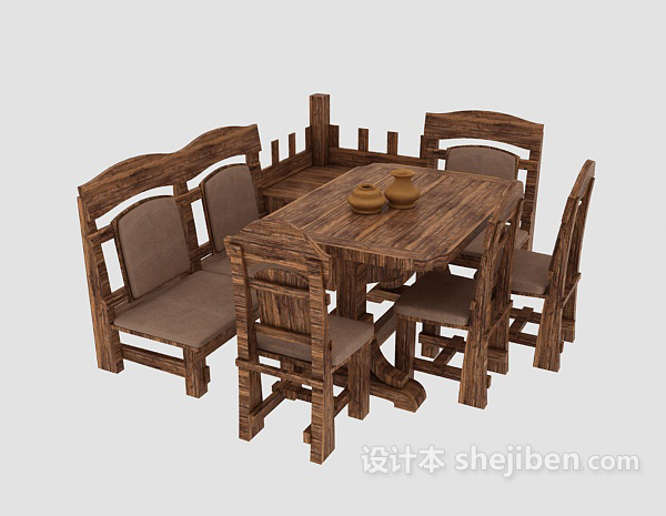 原木桌椅组合3d模型下载