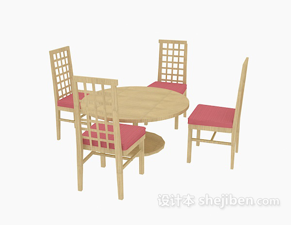 免费圆形实木桌椅组合3d模型下载