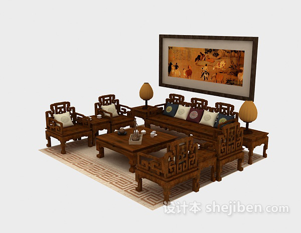 免费中式风格实木沙发3d模型下载