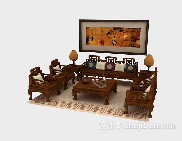 中式风格中式风格实木沙发3d模型下载