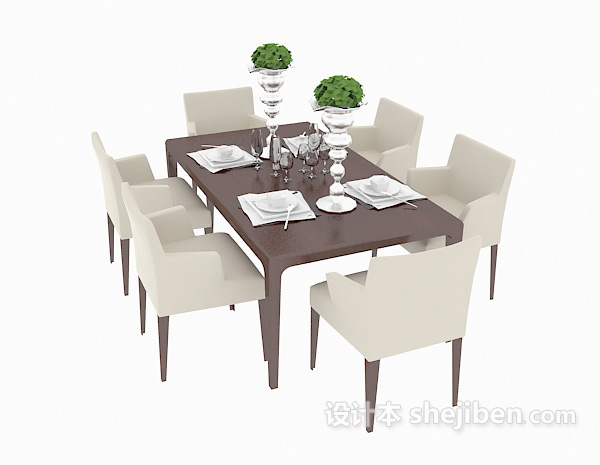 田园风格家庭餐桌餐椅组合3d模型下载