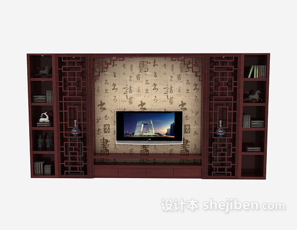免费中式实木电视背景墙3d模型下载