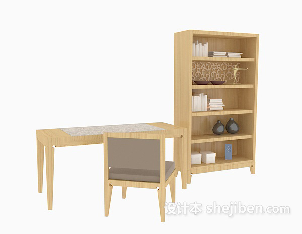 免费实木书桌、书柜组合3d模型下载