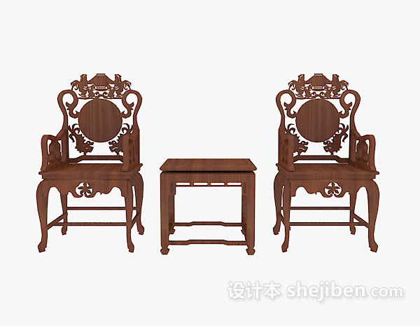 中式风格中式精致雕花桌椅组合3d模型下载