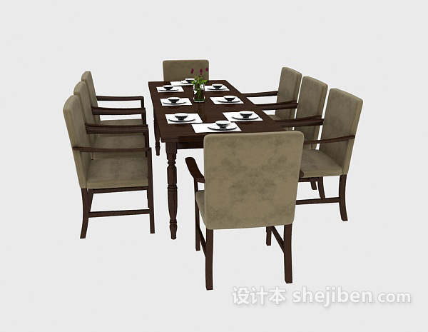 东南亚风格棕色实木家庭餐桌3d模型下载