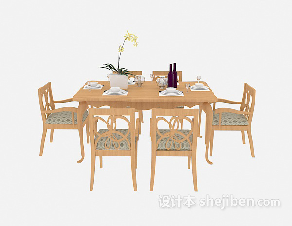 地中海风格实木家居餐桌椅组合3d模型下载
