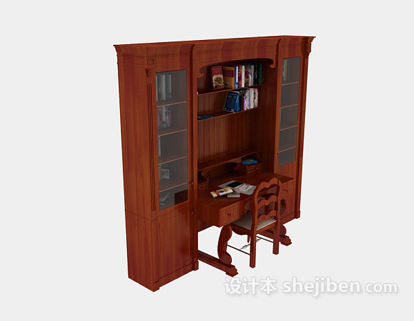 免费红木书柜、书桌3d模型下载