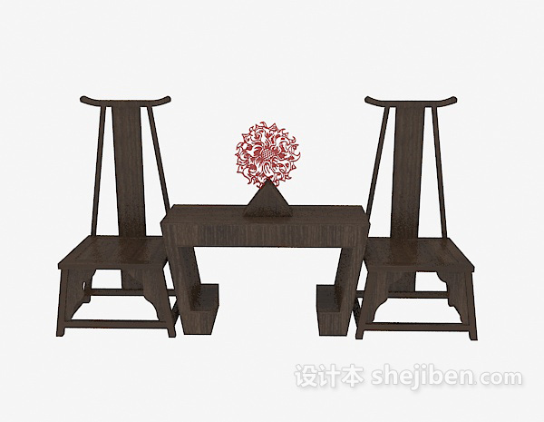 中式风格中式棕色实木桌椅3d模型下载