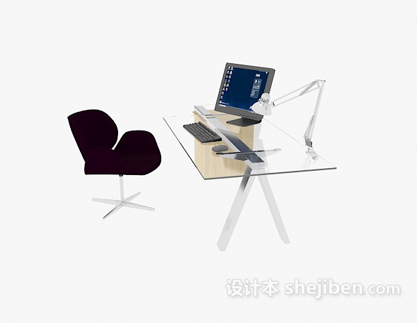 简约玻璃办公桌3d模型下载
