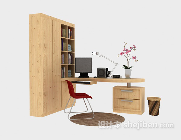 现代风格家庭书桌、书柜组合3d模型下载