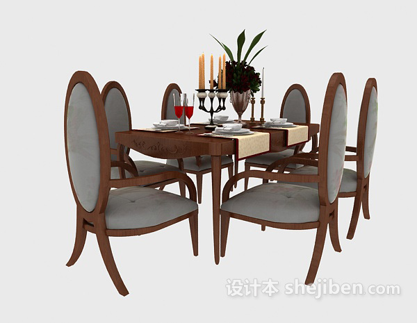 美式实木餐桌椅组合3d模型下载
