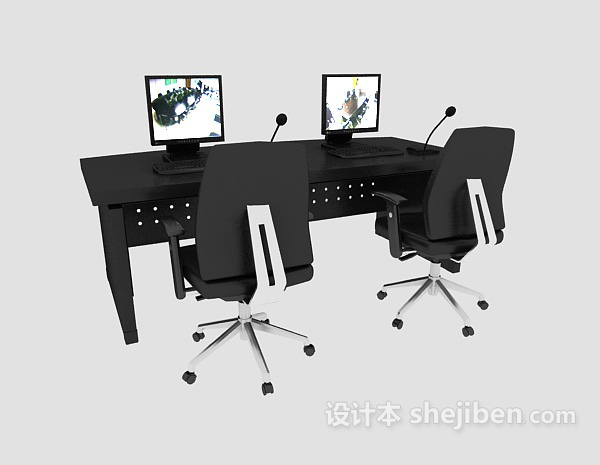 免费监控室实木桌椅组合3d模型下载