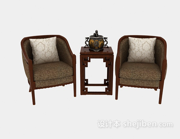 中式风格中式休闲沙发、边桌3d模型下载
