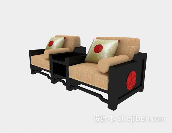 新中式实木单人沙发3d模型下载