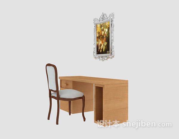 简欧风格实木书桌椅3d模型下载