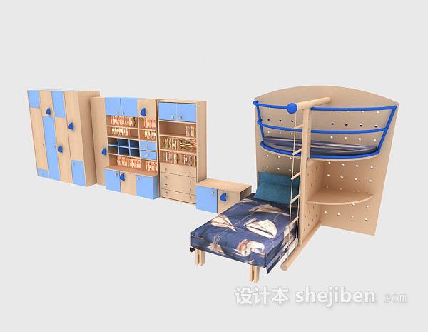 衣柜、书架、儿童床组合3d模型下载