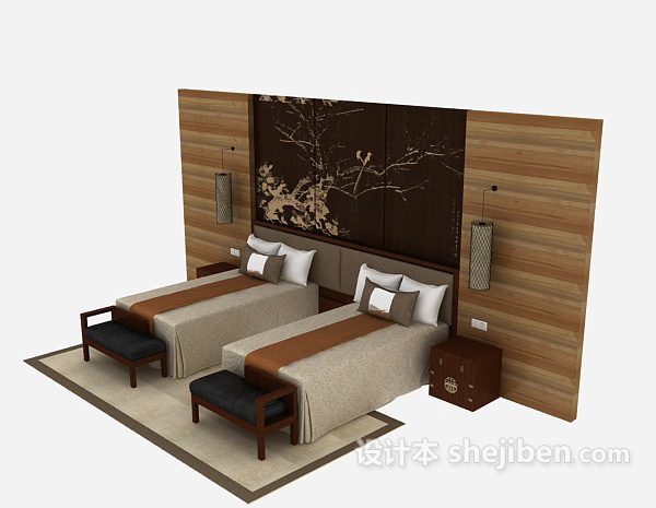 欧式实木单人床3d模型下载