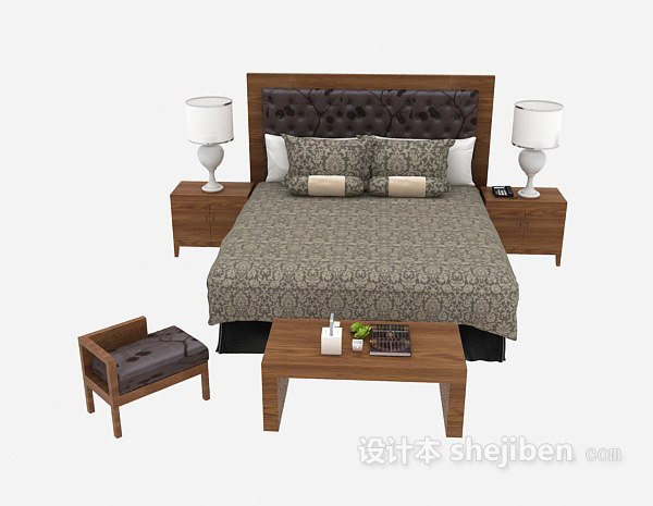 中式风格中式家具双人床3d模型下载
