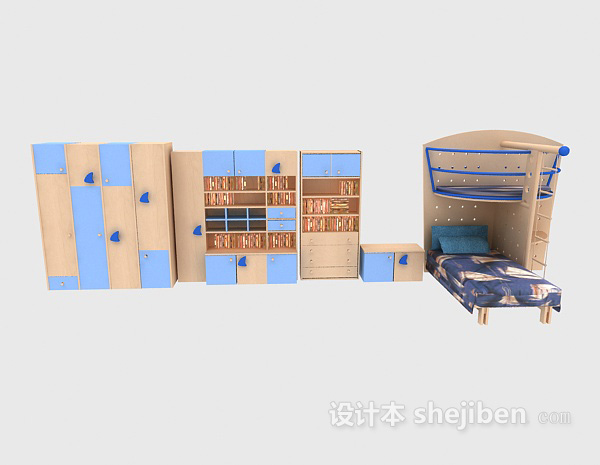 现代风格衣柜、书架、儿童床组合3d模型下载