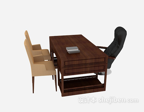 中式风格棕色实木办公桌3d模型下载