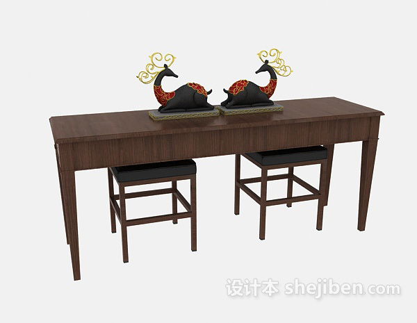 棕色木质桌椅组合3d模型下载