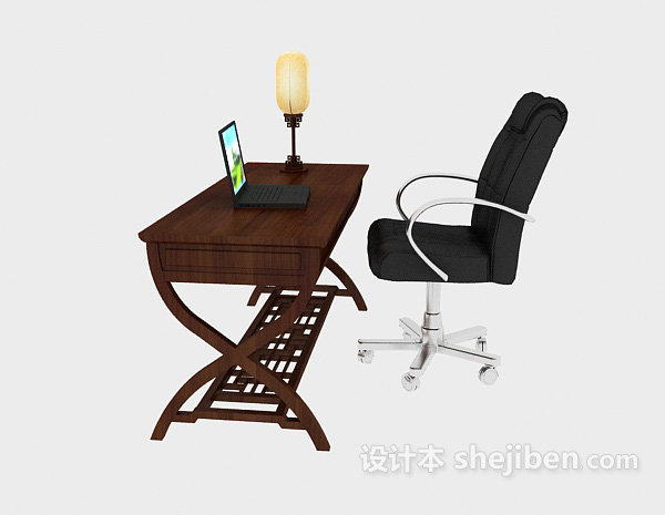 免费中式实木书桌、台灯3d模型下载