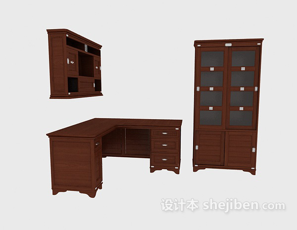 东南亚风格实木书桌、书柜3d模型下载