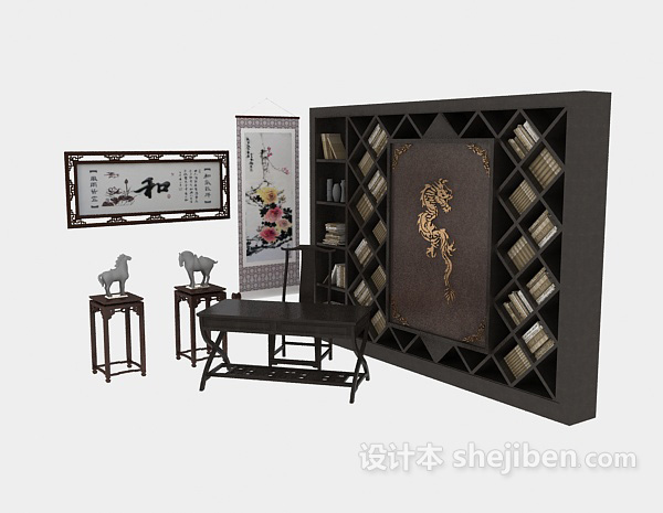 中式书桌、书柜整体组合3d模型下载