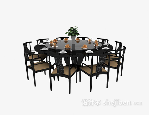 中式风格中式多人餐桌椅组合3d模型下载