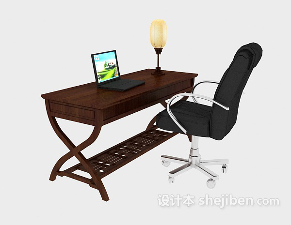 中式实木书桌、台灯3d模型下载