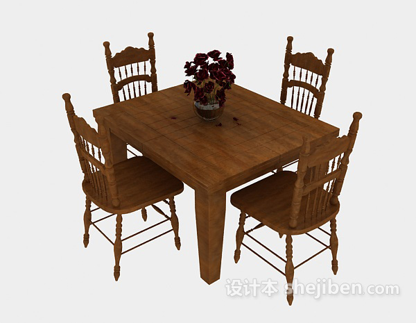 田园风格精致实木餐桌椅3d模型下载