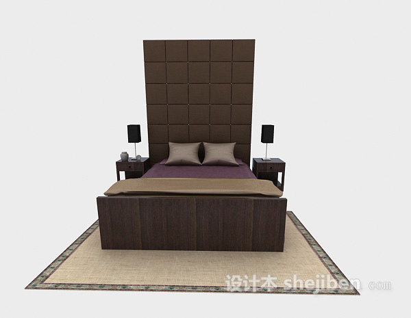 现代风格现代家庭实木床3d模型下载