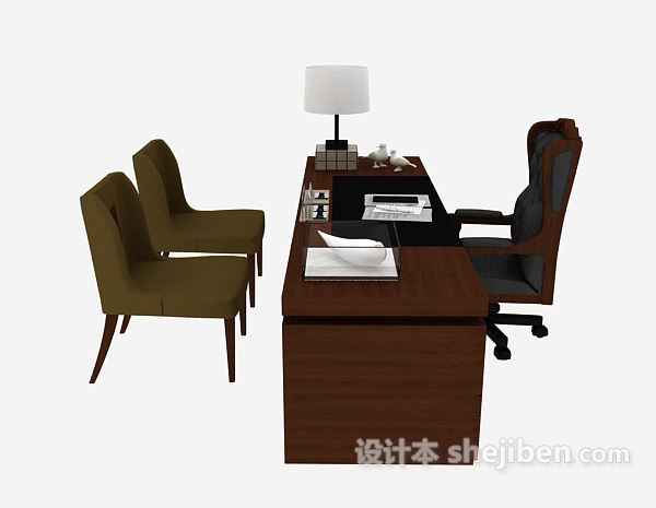 地中海风格经理实木办公桌椅3d模型下载