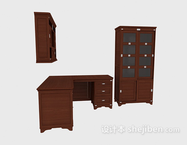 免费实木书桌、书柜3d模型下载