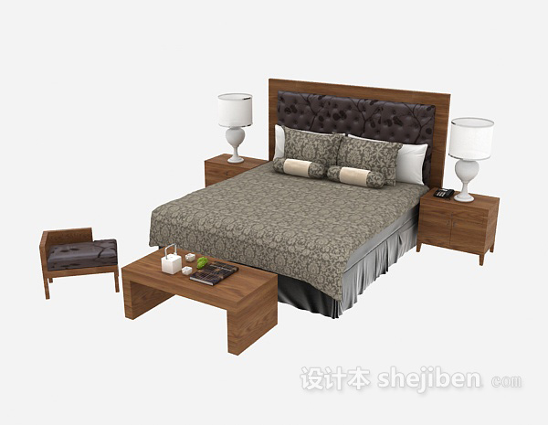 免费中式家具双人床3d模型下载
