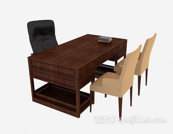 棕色实木办公桌3d模型下载