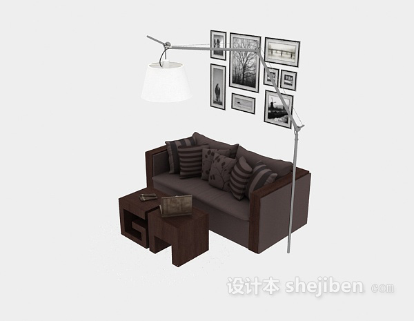 现代实木双人沙发3d模型下载