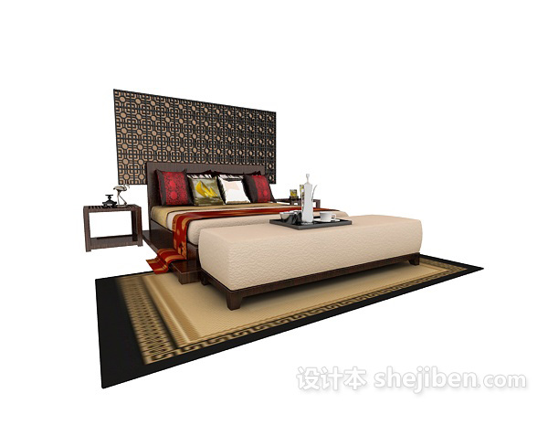 中式风格中式双人床3d模型下载