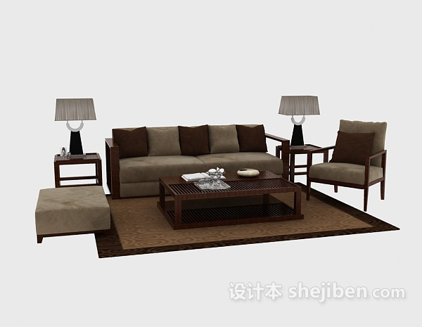 设计本简洁清爽中式组合沙发茶几3d模型下载