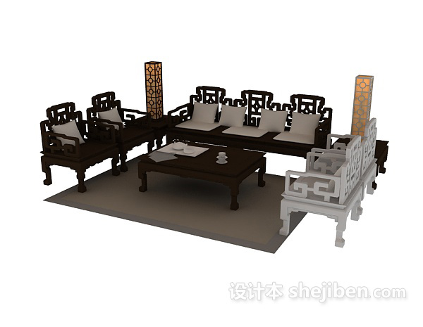 中式沙发组合3d模型下载
