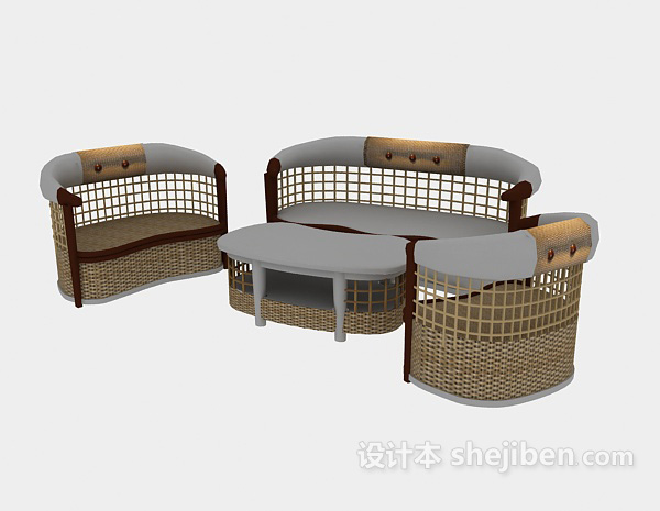 设计本中式铁艺休闲藤桌椅组合家具3d模型下载