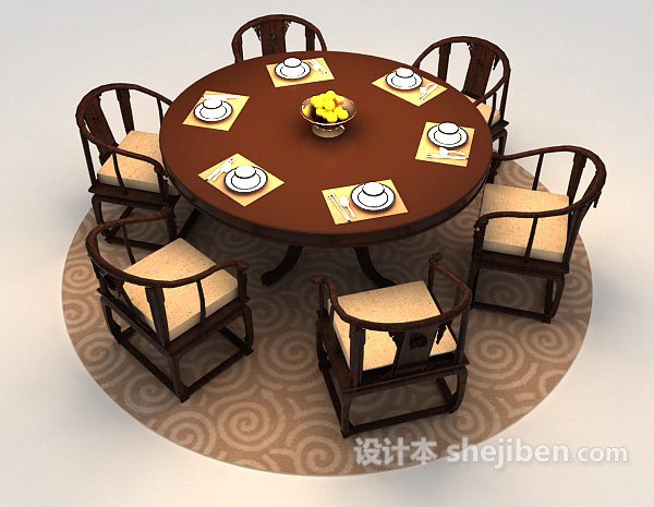 中式风格原木餐桌3d模型下载