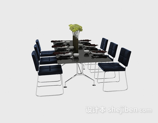 设计本现代纯黑色大气餐桌3d模型下载