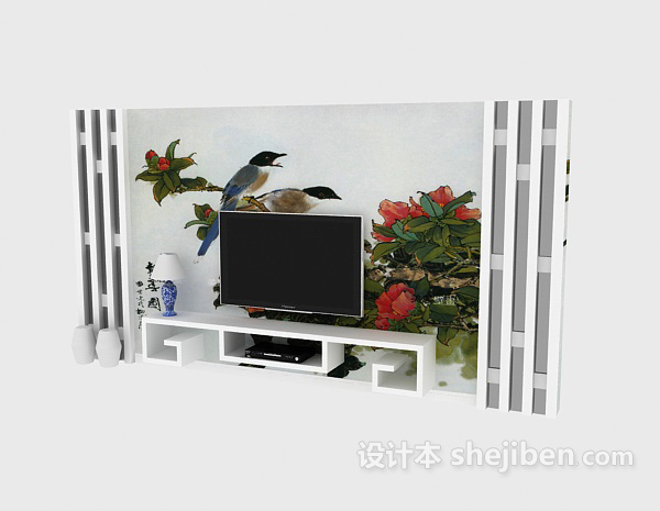 中式风格新中式电视墙  3d模型下载